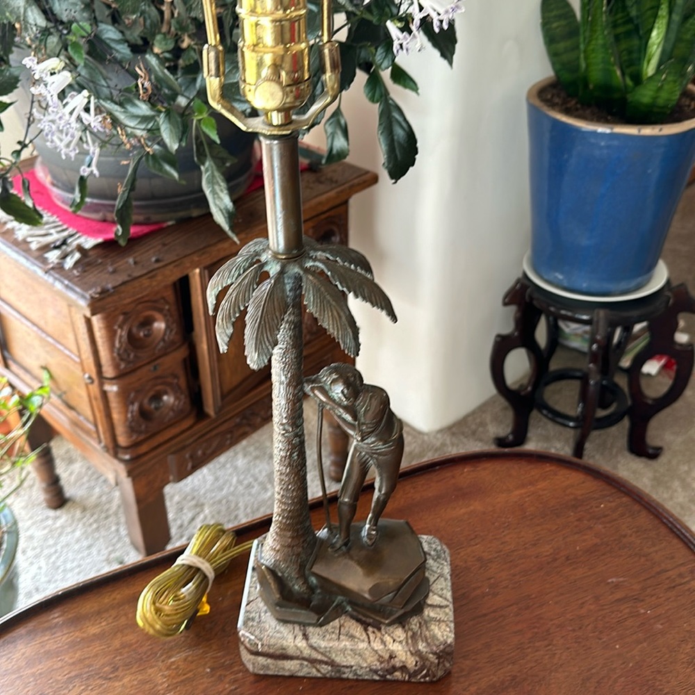 Theodore and Alexander Bronze and Marble Man Resting Under Palm Tree Lamp